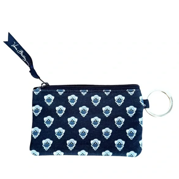 Vera Bradley Coin Card Case Zipper Key Ring Navy Blue White Clear Cover For ID - Picture 2 of 6